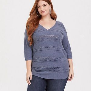 TORRID DUSTY BLUE GRAY POINTELLE KNIT V NECK 3/4 SLEEVE 2X PLUS TUNIC SWEATER